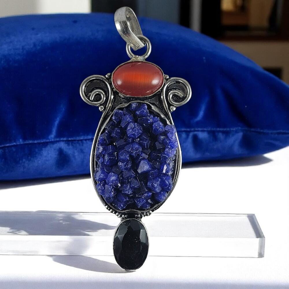 Lapis Druzy Onyx Carnelian Pendant Sterling Silver Handmade Necklace Gift